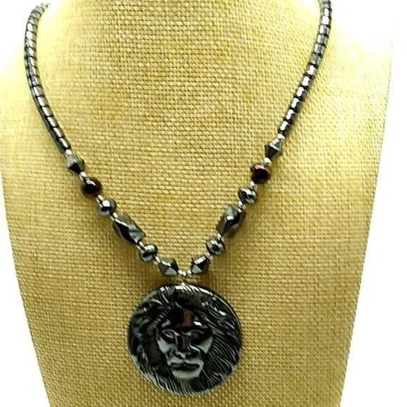 Men's/Unisex Hematite Beads & Lion's Head Pendant Necklace w/2 Cat's Eye Beads - Picture 1 of 14